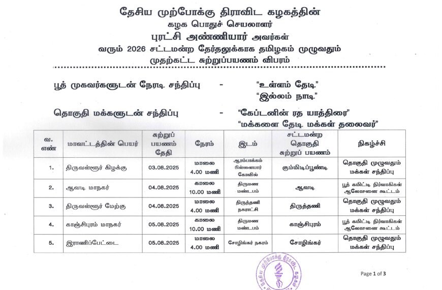 தேசிய முற்போக்கு திராவிட கழகத்தின் கழக பொதுச்செயலாளர் புரட்சி அண்ணியார் அவர்கள் வரும் 2026 சட்டமன்ற தேர்தலுக்காக தமிழகம் முழுவதும் முதல் கட்ட சுற்றுப்பயணம் விபரம் தலைமை கழகம் அறிவிப்பு