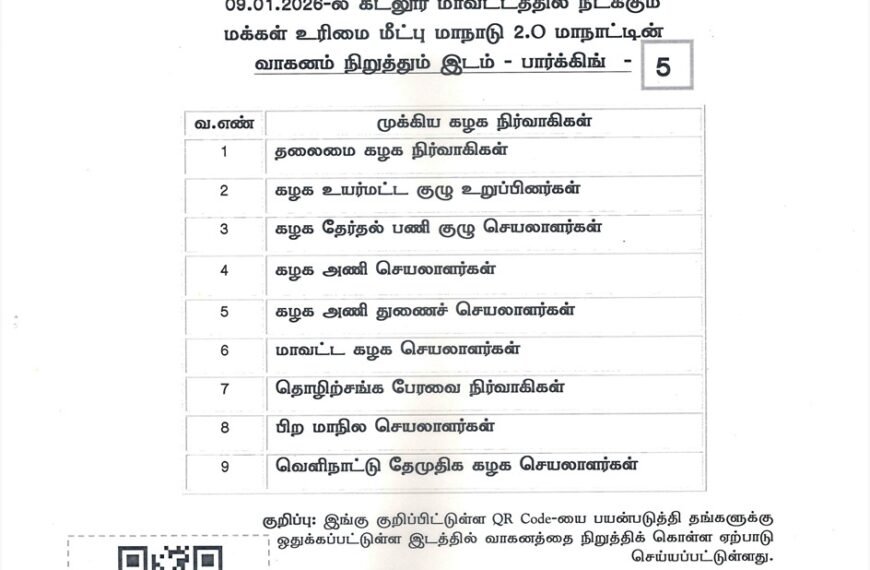 தேசிய முற்போக்கு திராவிட கழகத்தின், 09.01.2026-ல் கடலூர் மாவட்டத்தில் நடக்கும் மக்கள் உரிமை மீட்பு மாநாடு 2.O மாநாட்டின் – வாகனம் நிறுத்தும் இடம் – பார்க்கிங் -1 முதல் 5 வரை