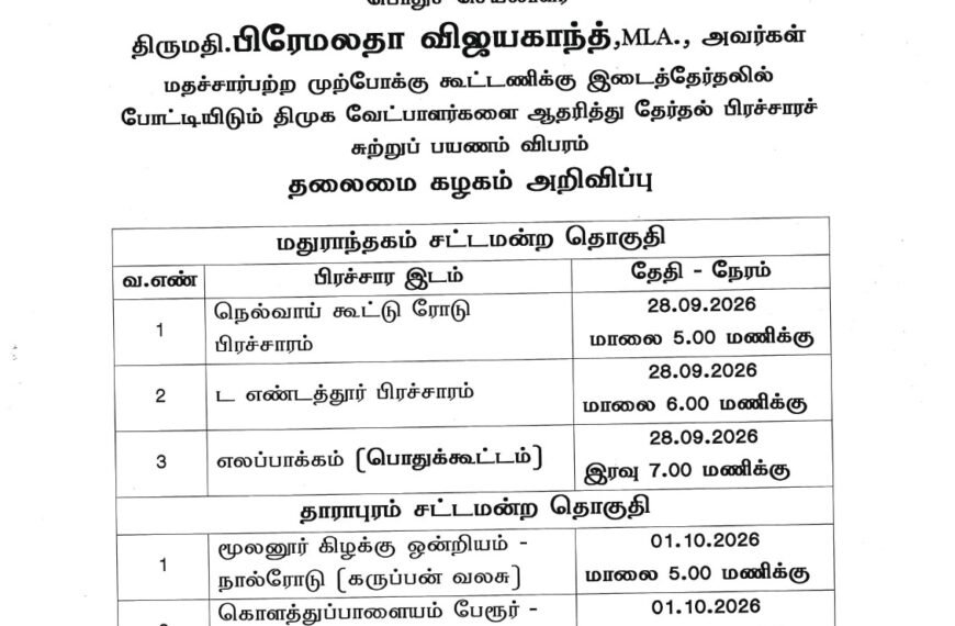 தேமுதிக சார்பில் பொதுச் செயலாளர் திருமதி.பிரேமலதா விஜயகாந்த்,MLA., அவர்கள் – மதச்சார்பற்ற முற்போக்கு கூட்டணிக்கு இடைத்தேர்தலில் போட்டியிடும் திமுக வேட்பாளர்களை ஆதரித்து தேர்தல் பிரச்சாரச் சுற்றுப் பயணம் விபரம் தலைமை கழகம் அறிவிப்பு
